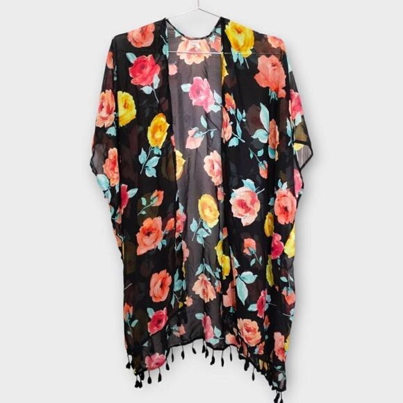 Womens Coverup Semi Sheer Black Red Pink Floral Knee Length Open Pom Poms Beachy - Picture 9 of 12